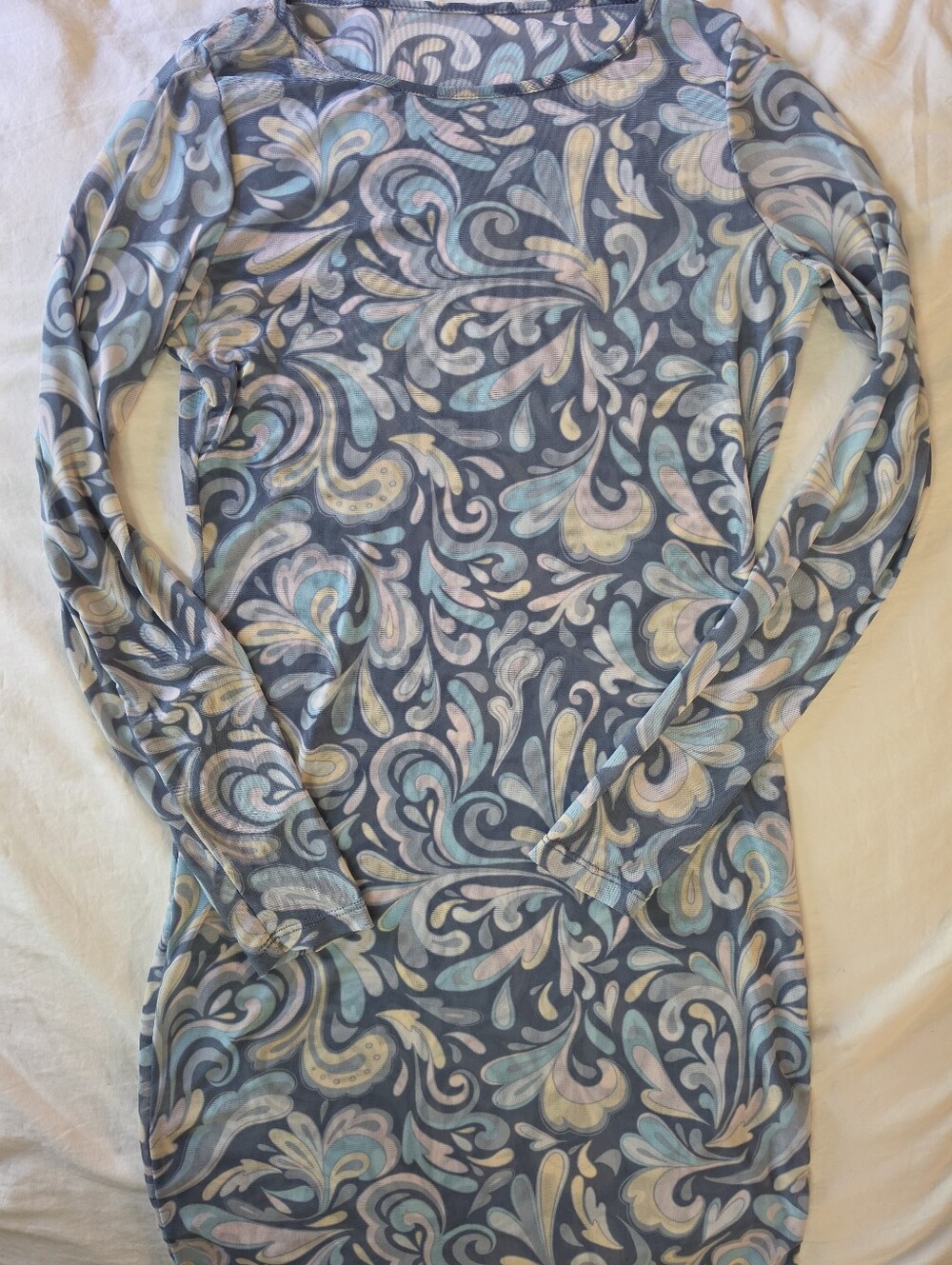 Vintage Style Sheer Mesh Psychedelic Paisley Swirl Mini Dress Blue Y2K Medium